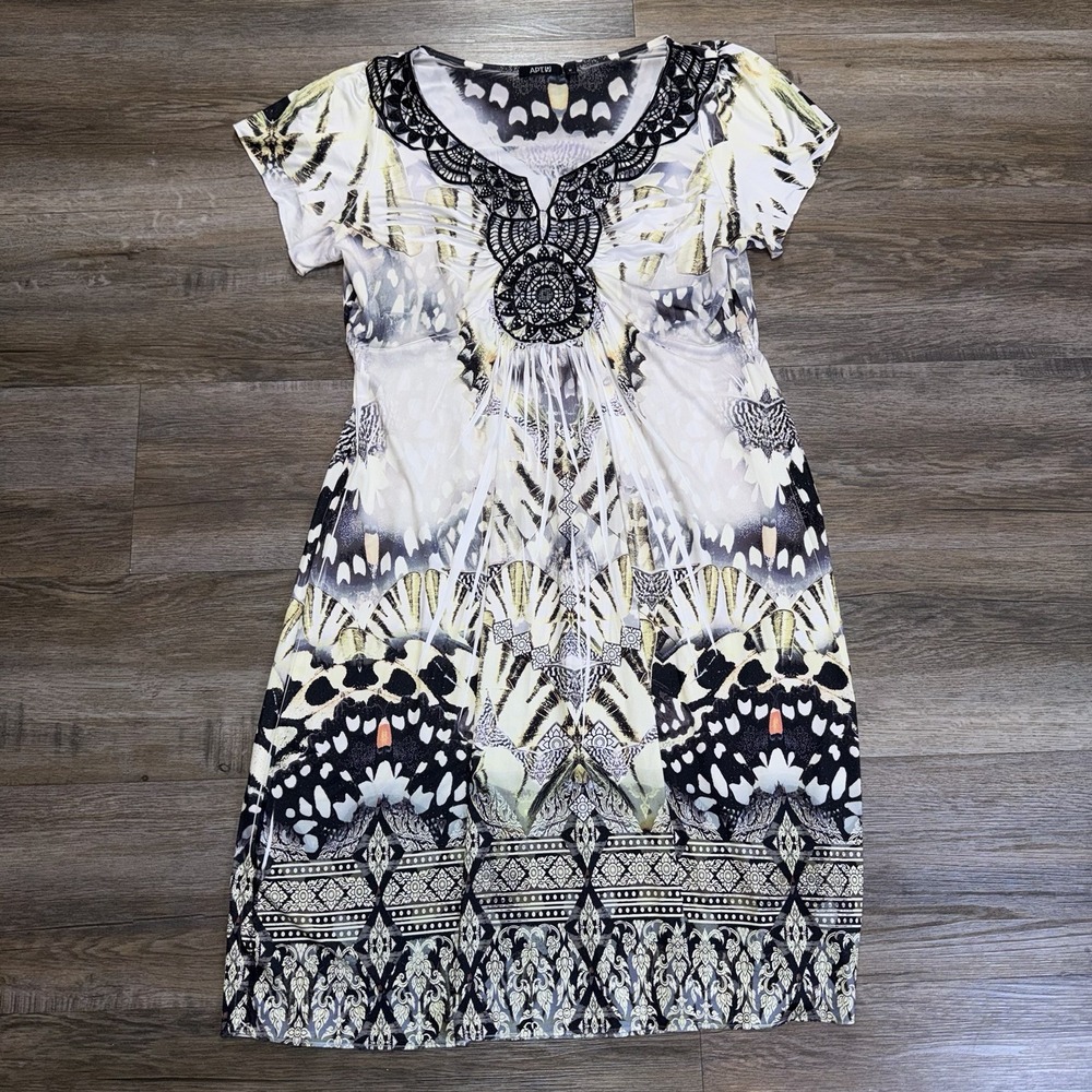Apt. 9 Black White Butterfly Sublimation Dress Womens Medium Black Lace Neckline